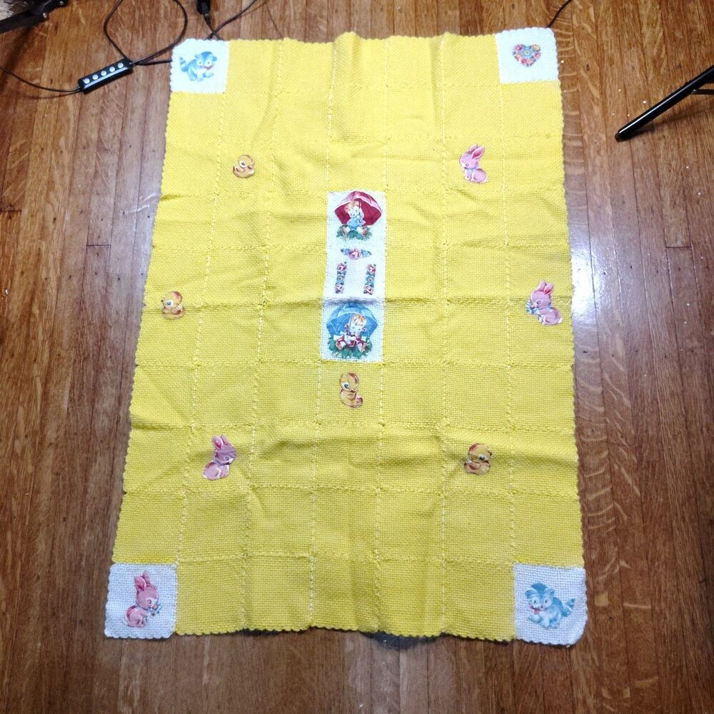 Knitted Yellow Baby Blanket Baby Cat & Duck Handmade